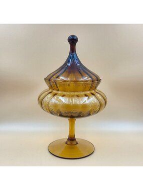 Empoli Amber Glass Circus Tent Candy Dish Pedestal Apothecary Jar With Lid